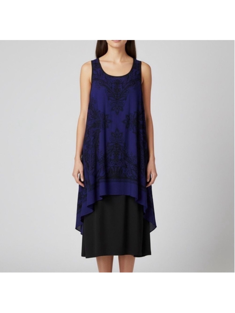 SLNY layered purple and black sleeveless draping midi dress Size 10